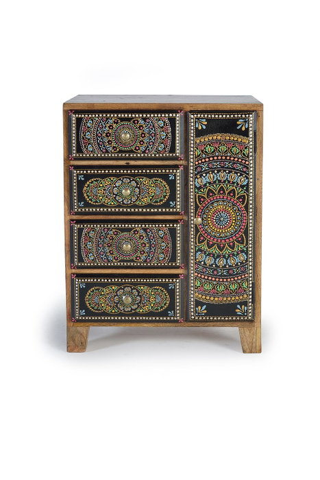 GINER Y COLOMER - Buffet téléphonique en bois de manguier avec 4 tiroirs et 1 porte, détails peints à la main, 60x45x30 cm (LxHxP), naturel et multicolore